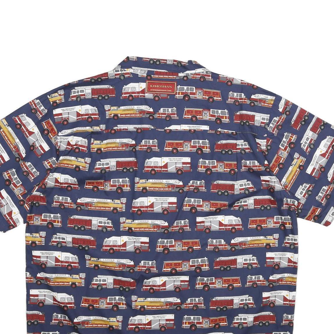 KIMOSHAN Mens Blue Shirt XL Cotton Fire Truck Print Button Collar Casual