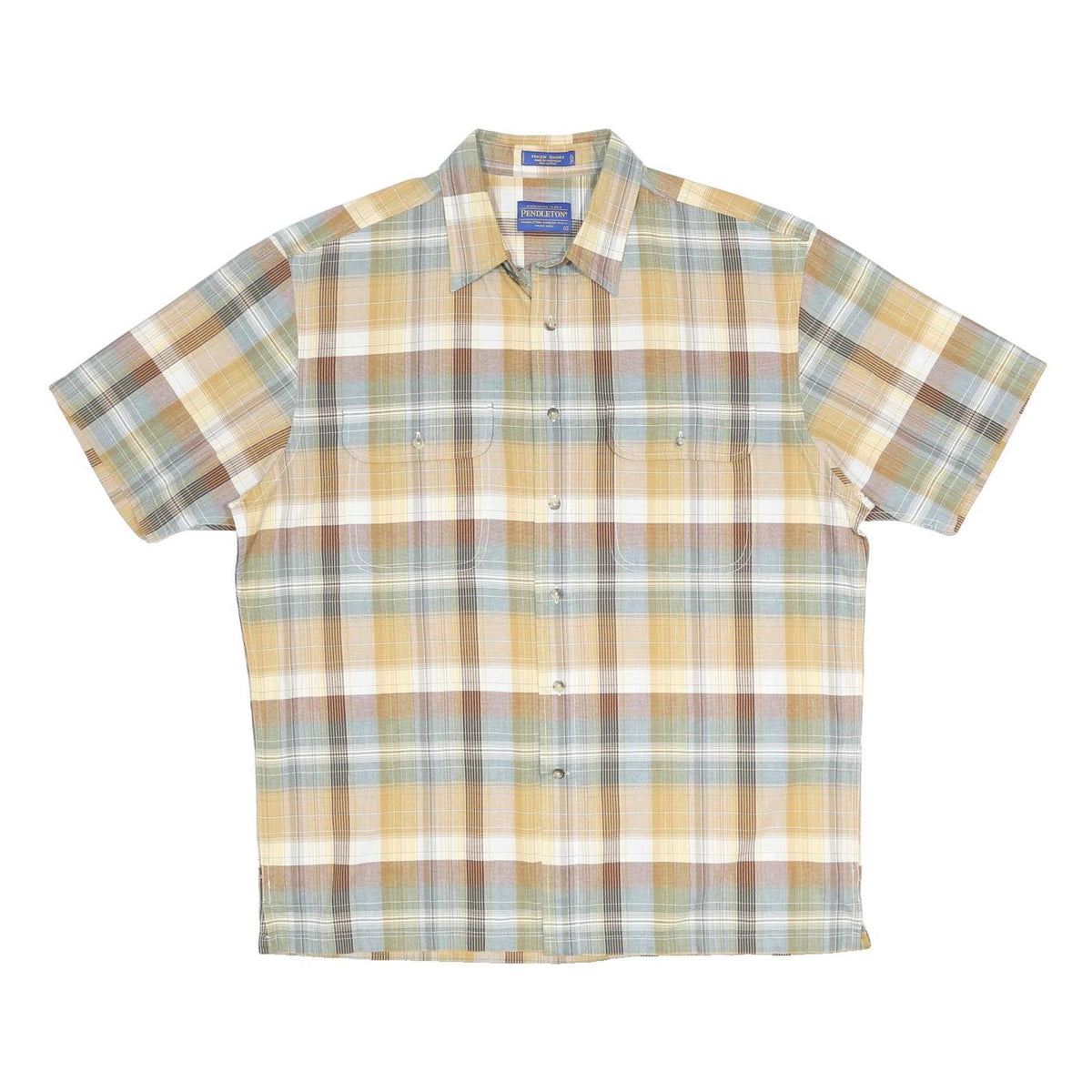 PENDLETON Mens Beige & Green Checked Cotton Shirt L Short Sleeve Casual