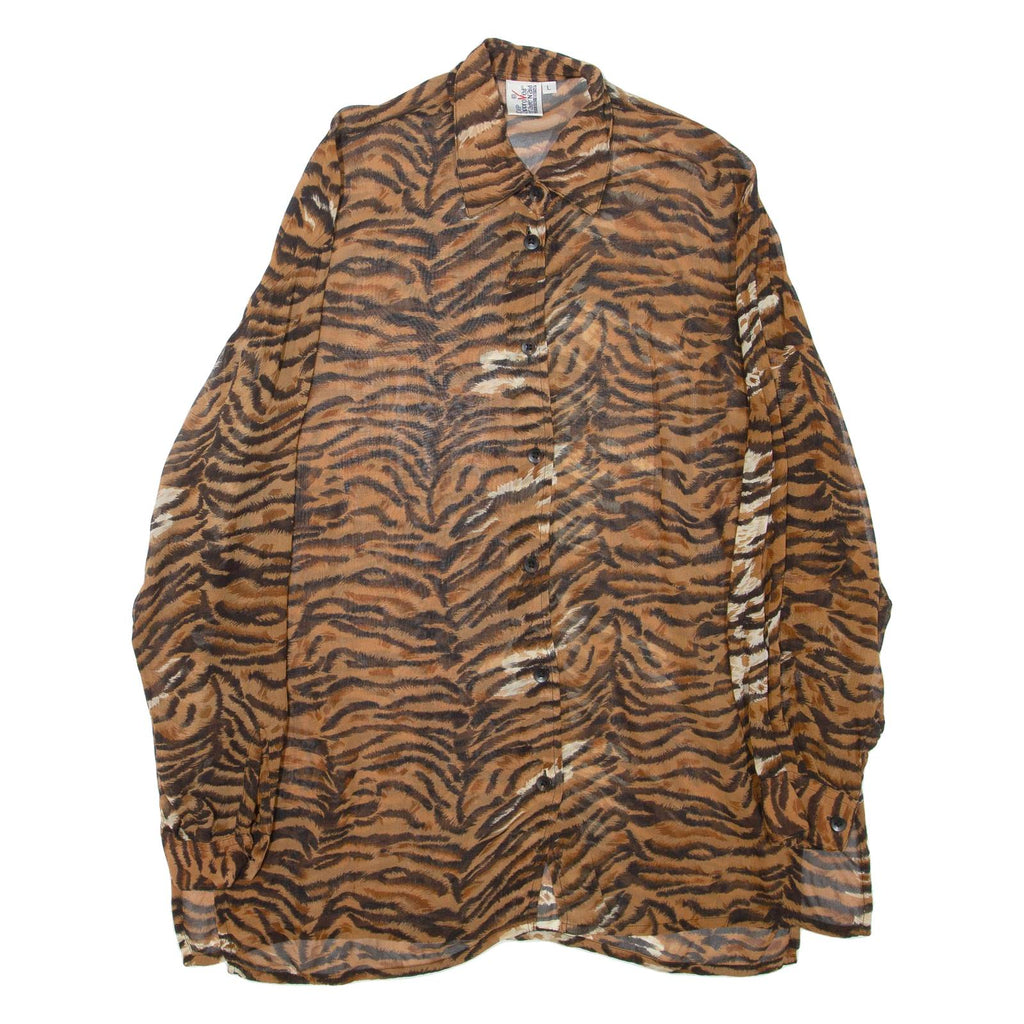 Sheer Womens Printed Shirt Brown Collared Long Sleeve Animal Print XL