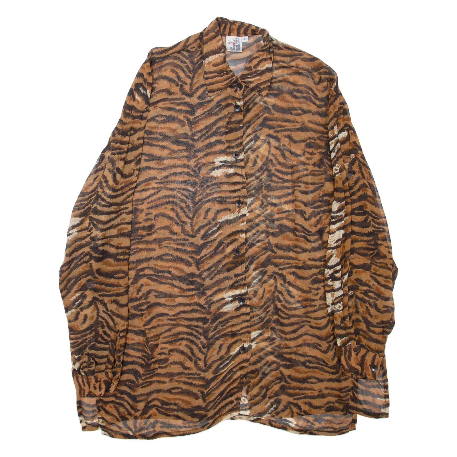 Sheer Womens Printed Shirt Brown Collared Long Sleeve Animal Print XL