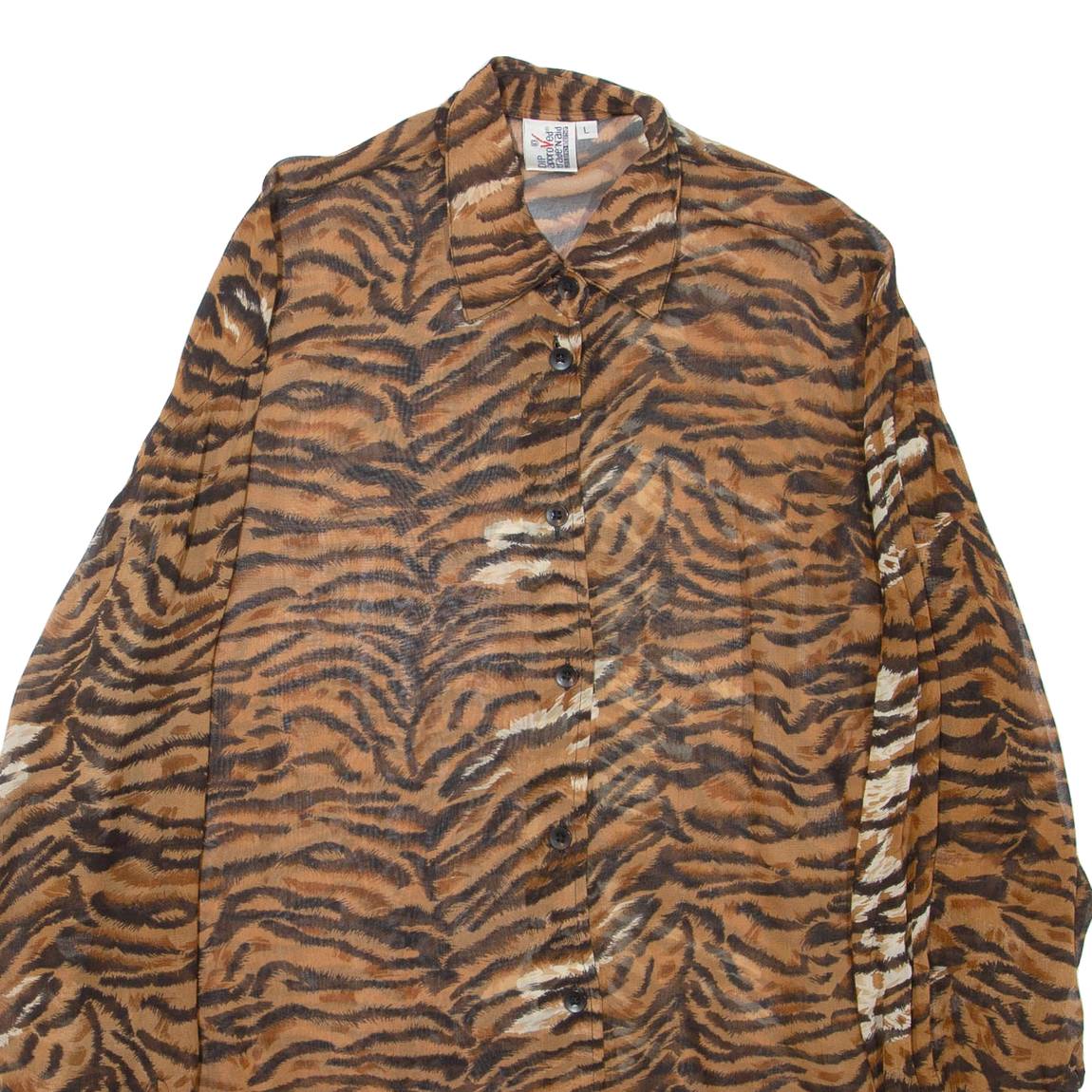 Sheer Womens Printed Shirt Brown Collared Long Sleeve Animal Print XL