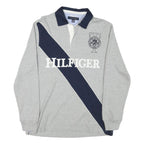 TOMMY HILFIGER Mens Grey & Navy Long Sleeve Logo Print M Polo Shirt Cotton Blend