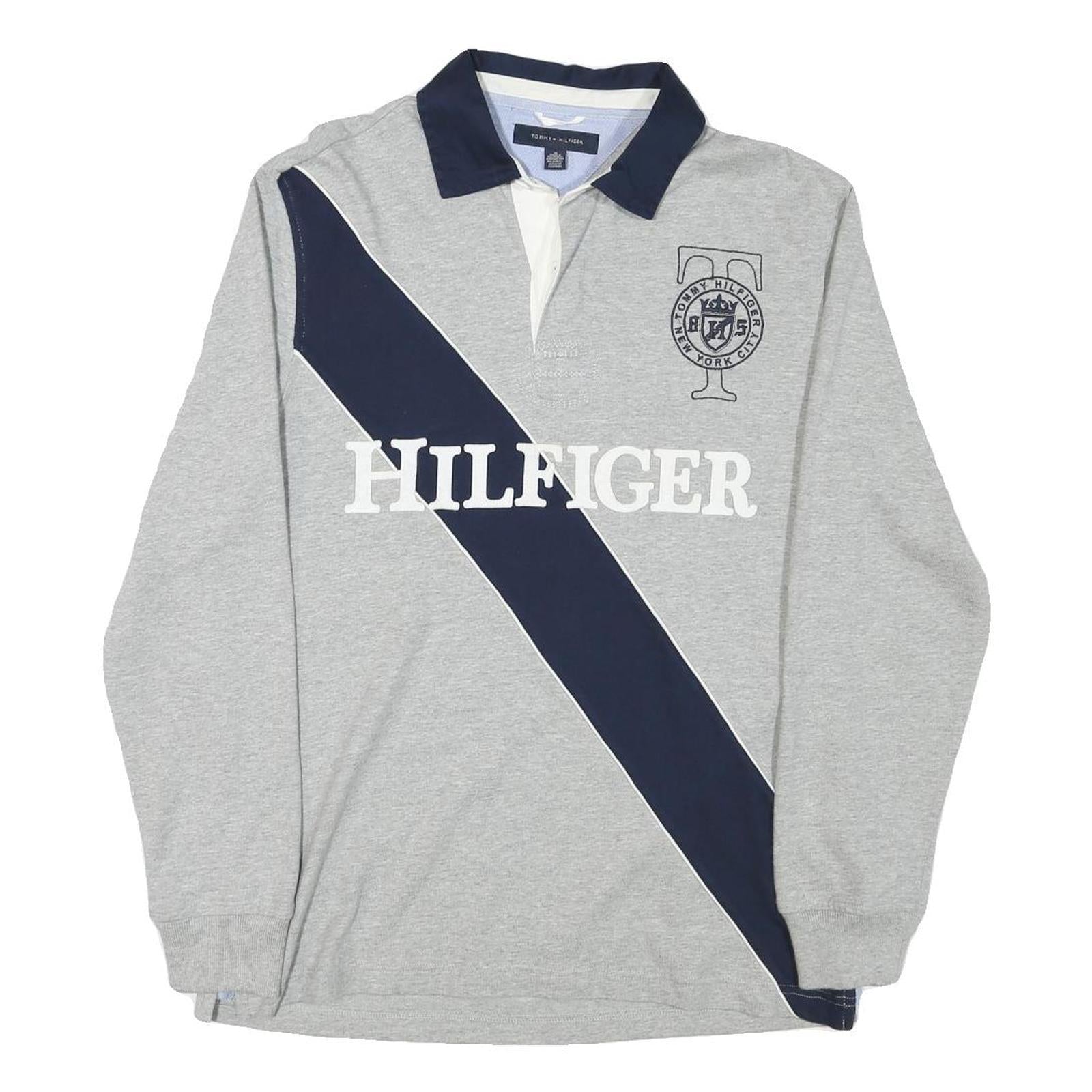 TOMMY HILFIGER Mens Grey & Navy Long Sleeve Logo Print M Polo Shirt Cotton Blend