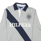 TOMMY HILFIGER Mens Grey & Navy Long Sleeve Logo Print M Polo Shirt Cotton Blend
