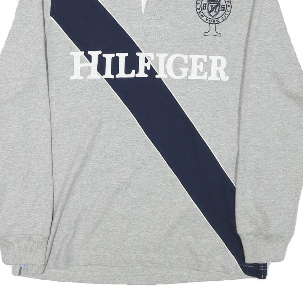 TOMMY HILFIGER Mens Grey & Navy Long Sleeve Logo Print M Polo Shirt Cotton Blend