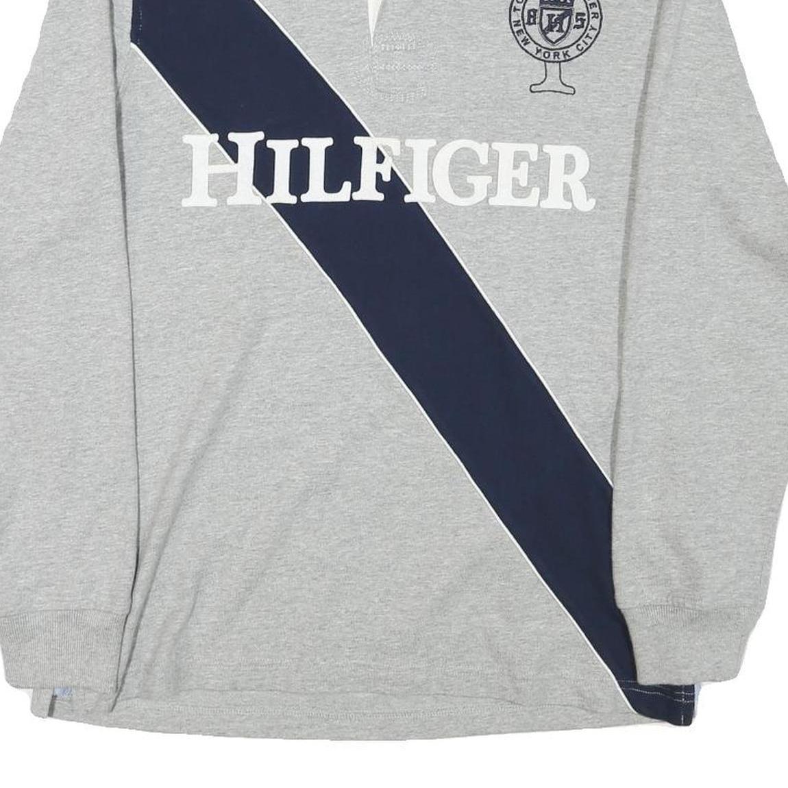 TOMMY HILFIGER Mens Grey & Navy Long Sleeve Logo Print M Polo Shirt Cotton Blend
