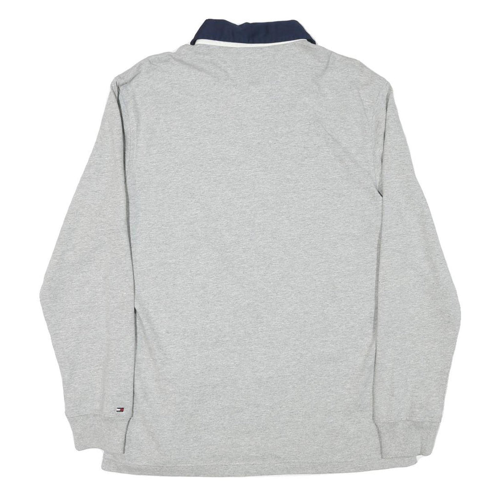 TOMMY HILFIGER Mens Grey & Navy Long Sleeve Logo Print M Polo Shirt Cotton Blend