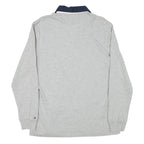 TOMMY HILFIGER Mens Grey & Navy Long Sleeve Logo Print M Polo Shirt Cotton Blend