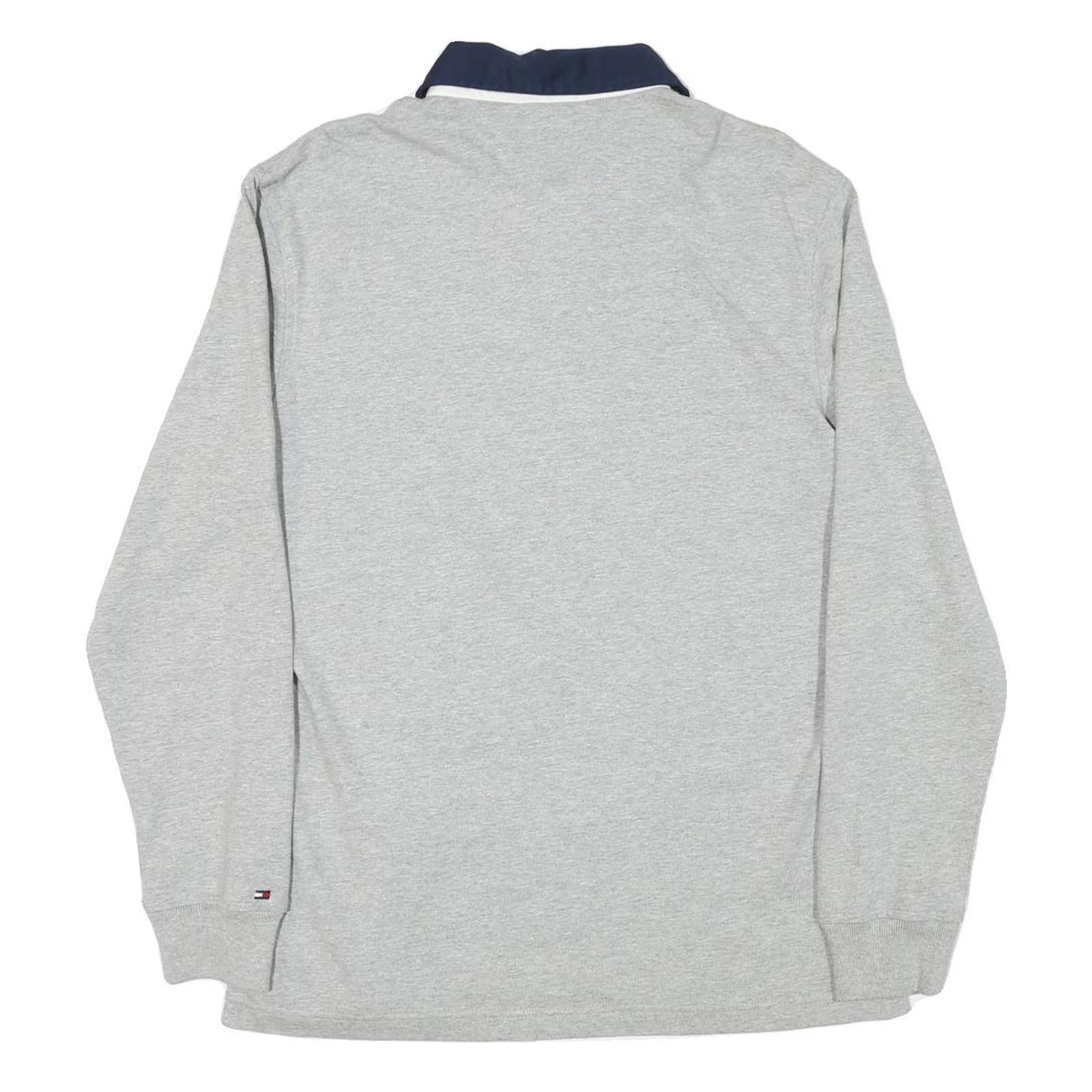 TOMMY HILFIGER Mens Grey & Navy Long Sleeve Logo Print M Polo Shirt Cotton Blend