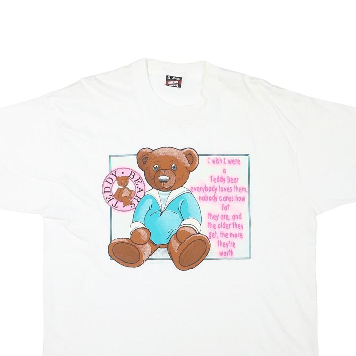 THE BEST Mens White Teddy Bear Graphic T-Shirt XL Short Sleeve Round Neck