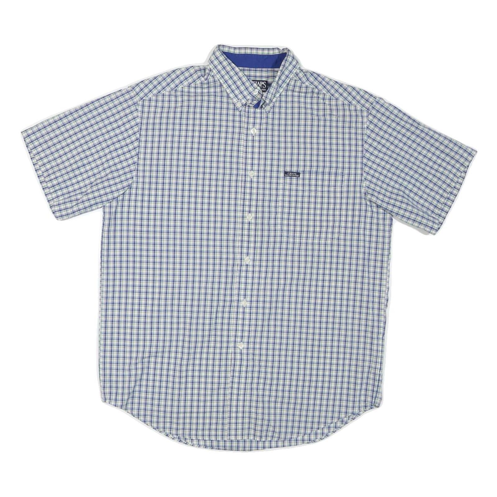 CHAPS Mens Blue & White Check Shirt L Short Sleeve Cotton Blend Casual