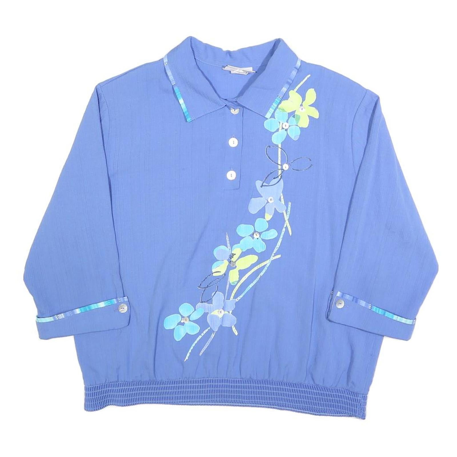 GRAFF Womens Blue Floral Printed Top 3/4 Sleeve Collared L Button Fastening