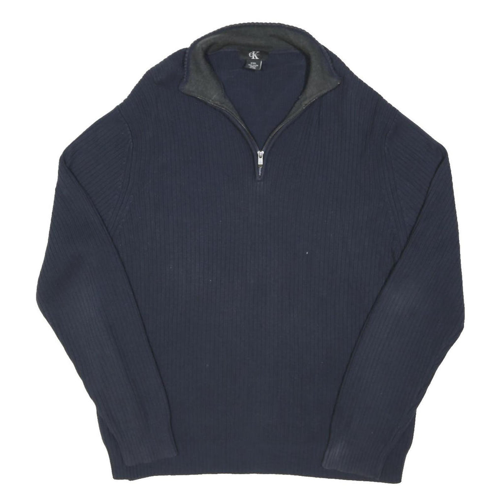 CALVIN KLEIN Mens Navy Plain Cotton Blend Pullover Jumper 2XL Zip Neck