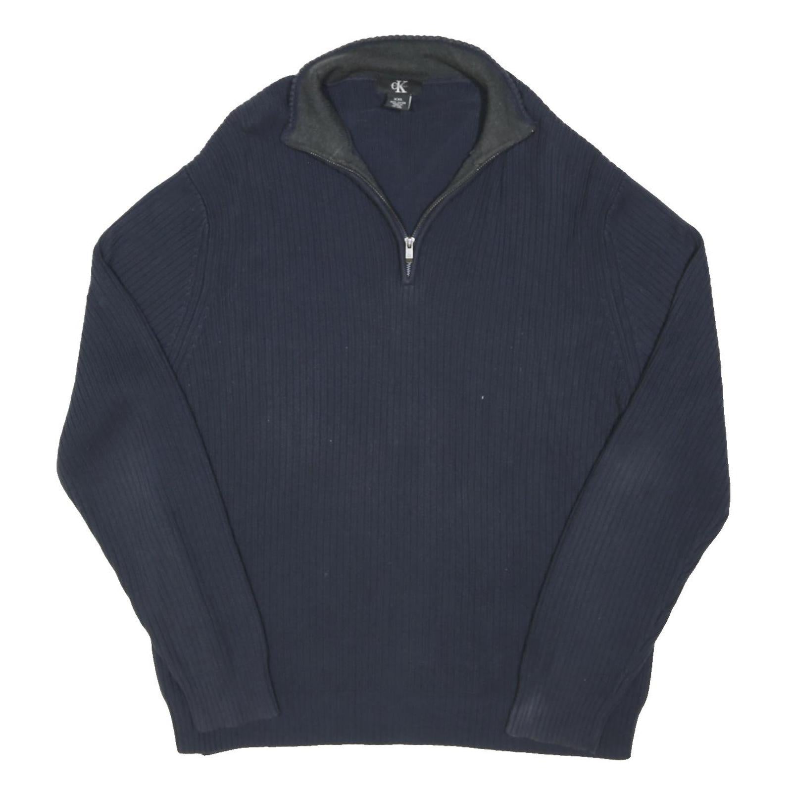 CALVIN KLEIN Mens Navy Plain Cotton Blend Pullover Jumper 2XL Zip Neck