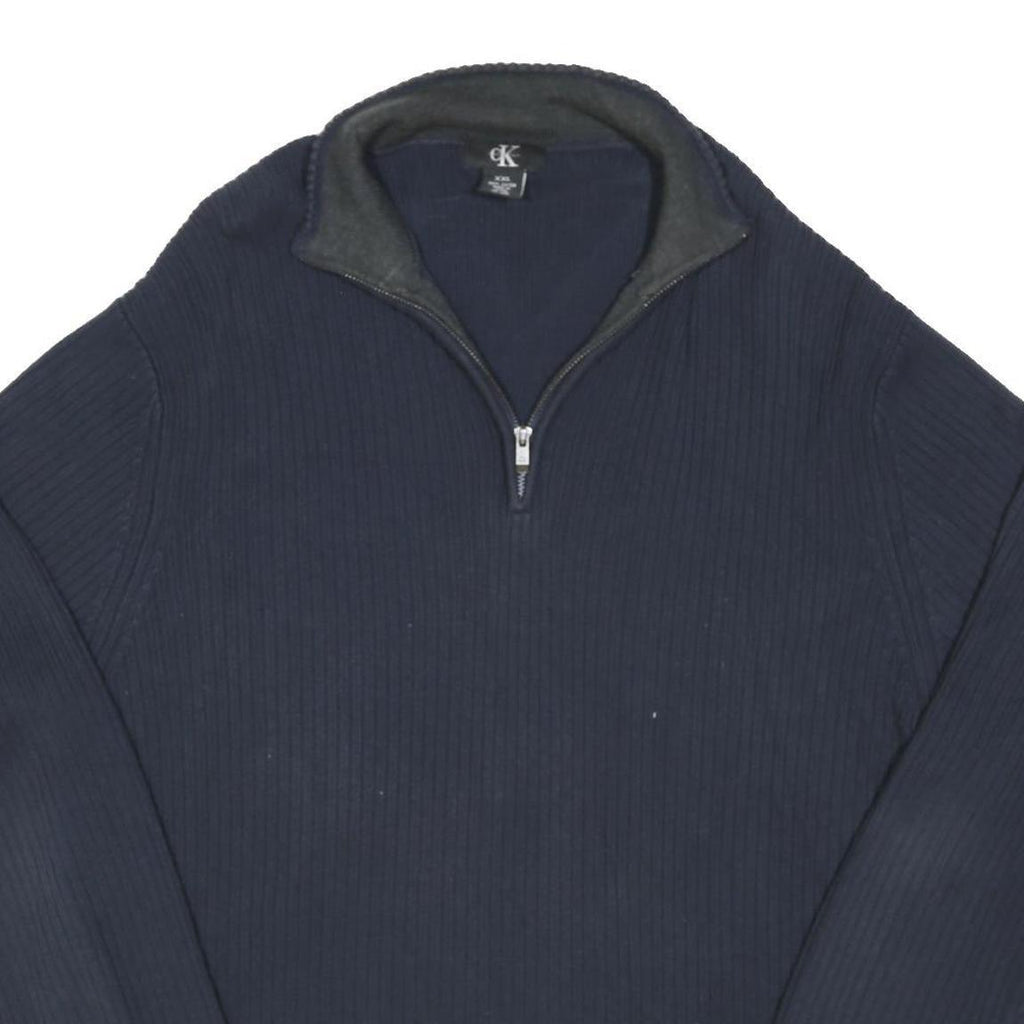 CALVIN KLEIN Mens Navy Plain Cotton Blend Pullover Jumper 2XL Zip Neck