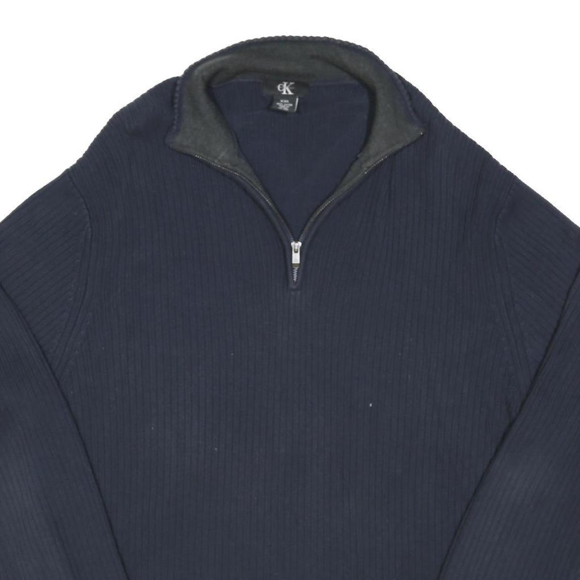 CALVIN KLEIN Mens Navy Plain Cotton Blend Pullover Jumper 2XL Zip Neck