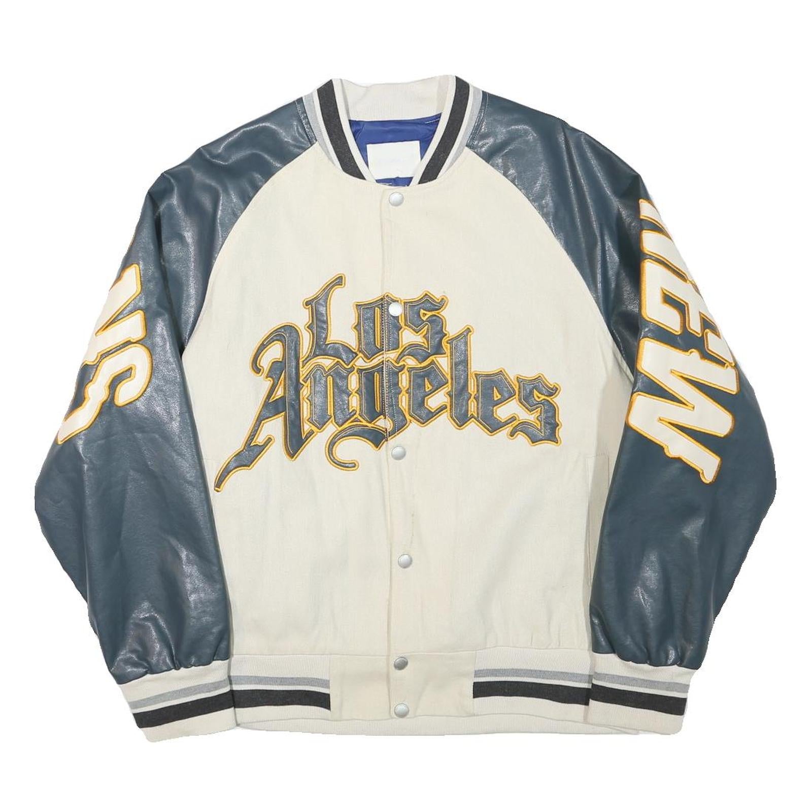 STIWAUP Mens Cream & Grey Los Angeles Graphic Button Jacket L Cotton Blend
