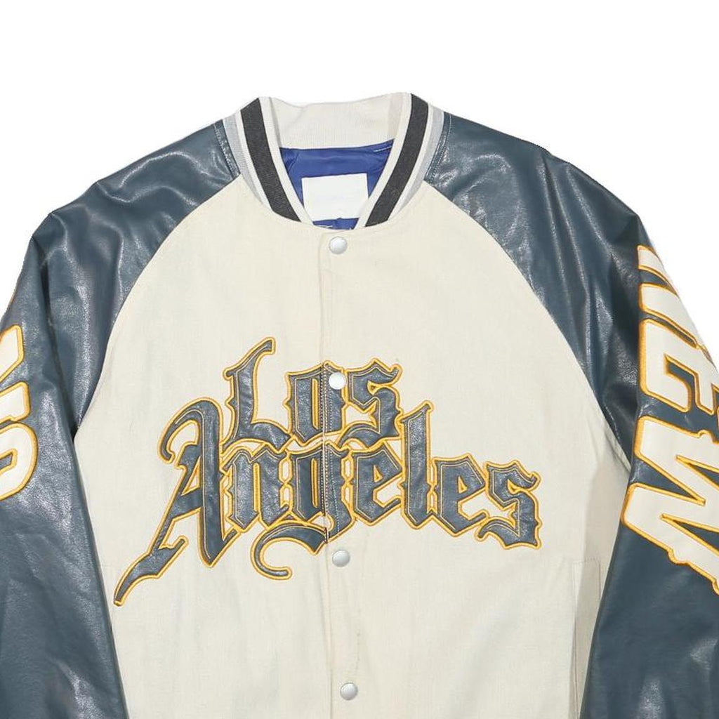 STIWAUP Mens Cream & Grey Los Angeles Graphic Button Jacket L Cotton Blend