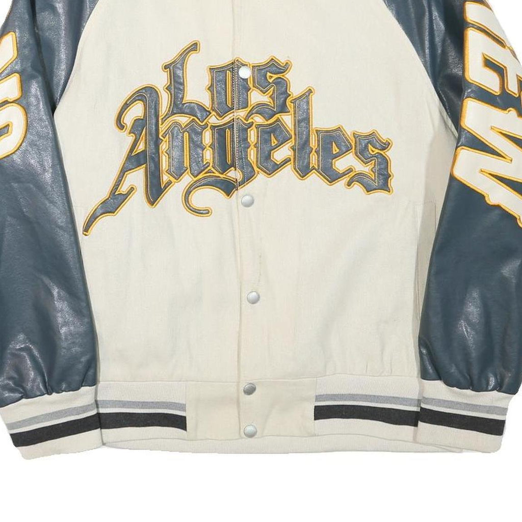 STIWAUP Mens Cream & Grey Los Angeles Graphic Button Jacket L Cotton Blend