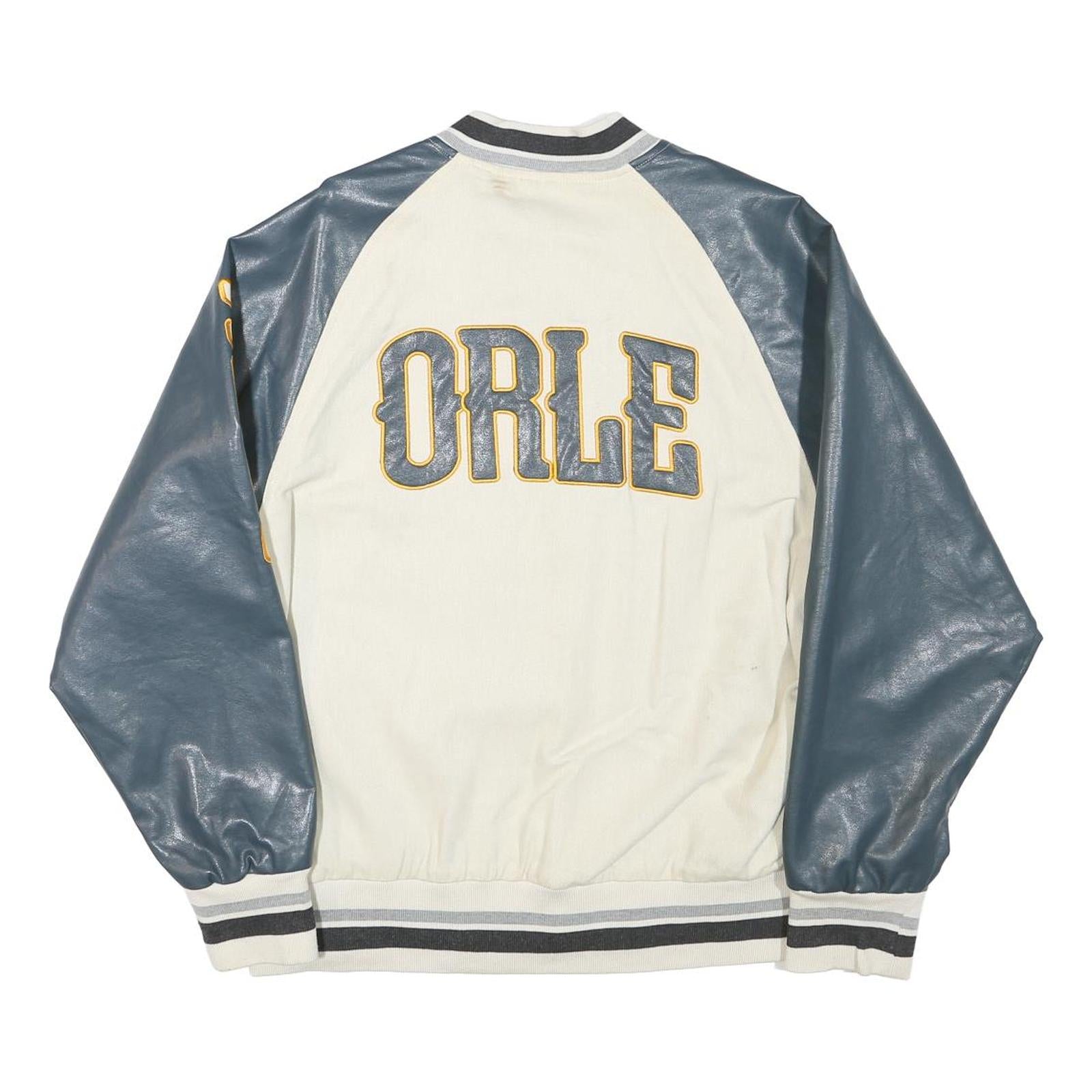 STIWAUP Mens Cream & Grey Los Angeles Graphic Button Jacket L Cotton Blend