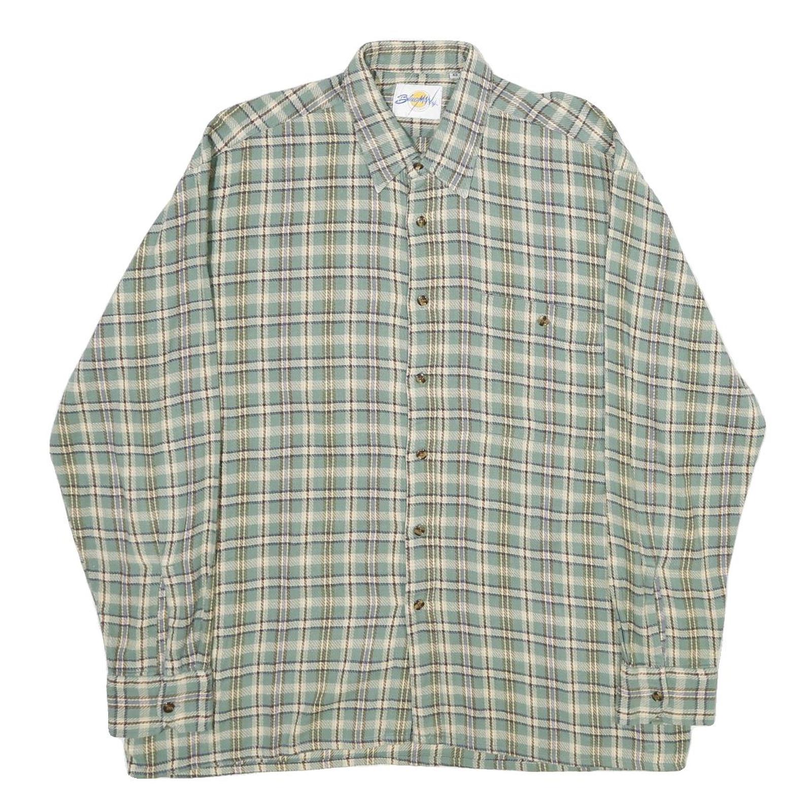BLUE MAN COMPANY Mens Green & Cream Check Shirt L Cotton Casual Long Sleeve