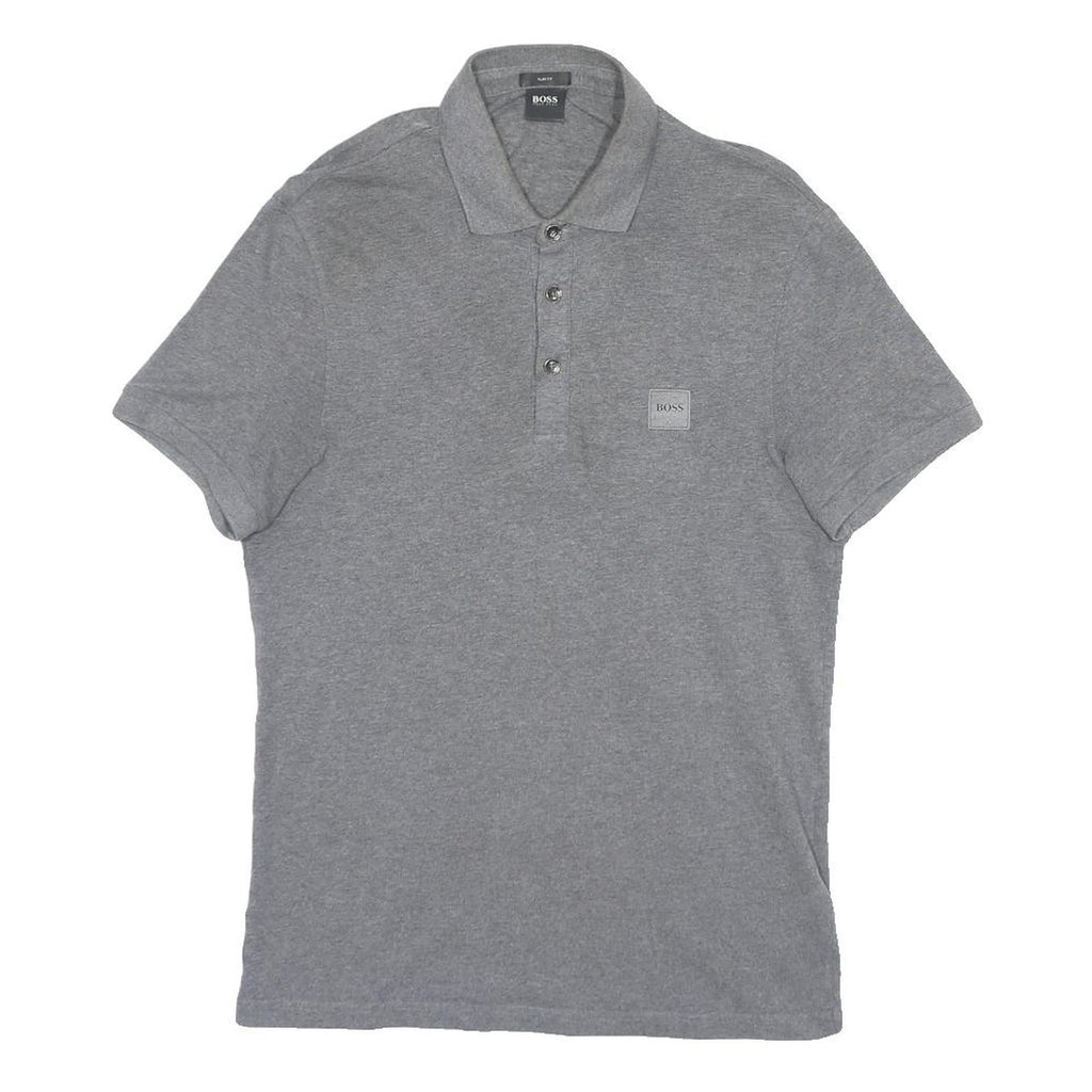 HUGO BOSS Mens Grey Short Sleeve Plain Polo Shirt S Cotton BOSS Logo