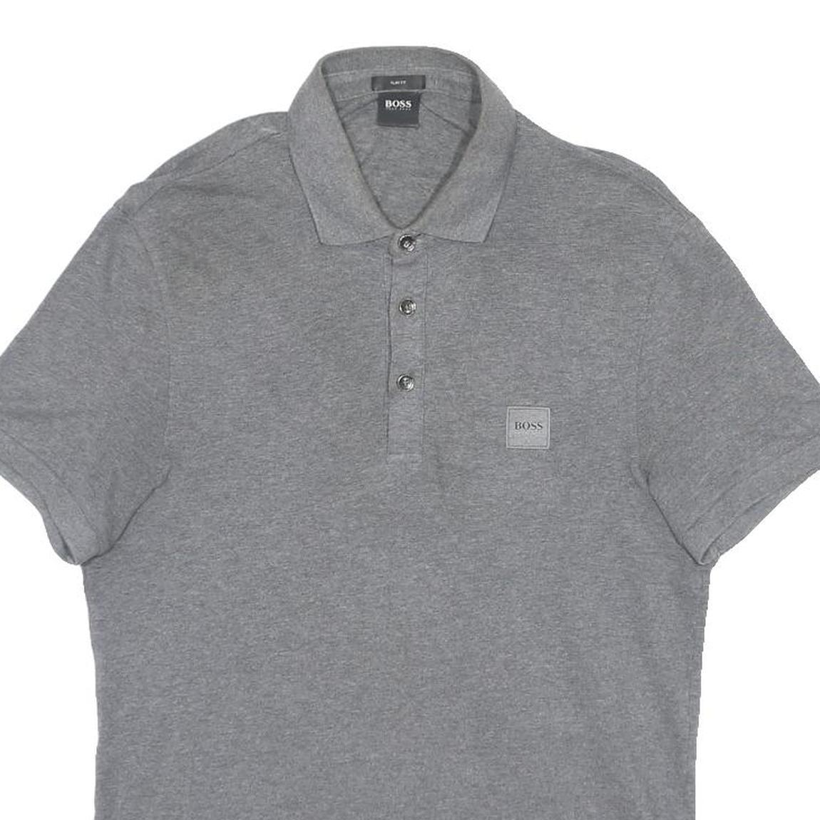 HUGO BOSS Mens Grey Short Sleeve Plain Polo Shirt S Cotton BOSS Logo