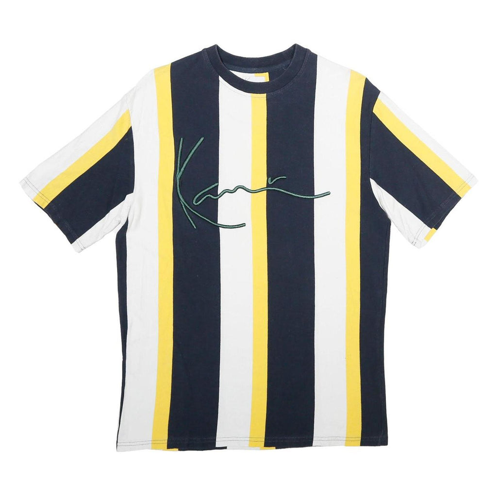 KARL KANI Mens Navy White & Yellow Stripe Graphic T-Shirt S Short Sleeve Crew