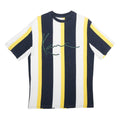 KARL KANI Mens Navy White & Yellow Stripe Graphic T-Shirt S Short Sleeve Crew