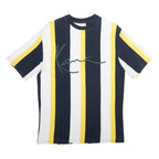 KARL KANI Mens Navy White & Yellow Stripe Graphic T-Shirt S Short Sleeve Crew