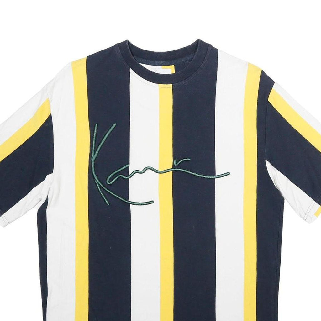 KARL KANI Mens Navy White & Yellow Stripe Graphic T-Shirt S Short Sleeve Crew