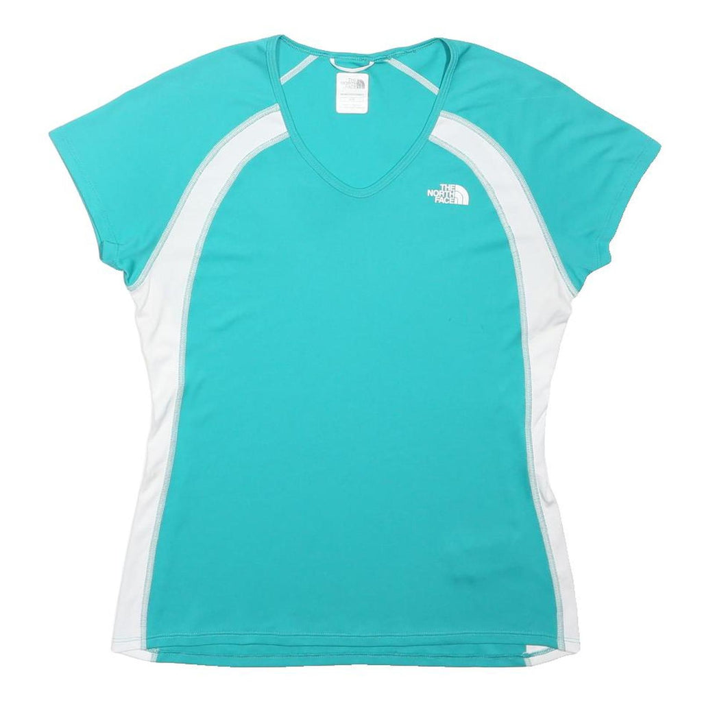 THE NORTH FACE Womens Blue & White Modern T-Shirt M Short Sleeve V-Neck Athletic