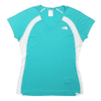 THE NORTH FACE Womens Blue & White Modern T-Shirt M Short Sleeve V-Neck Athletic