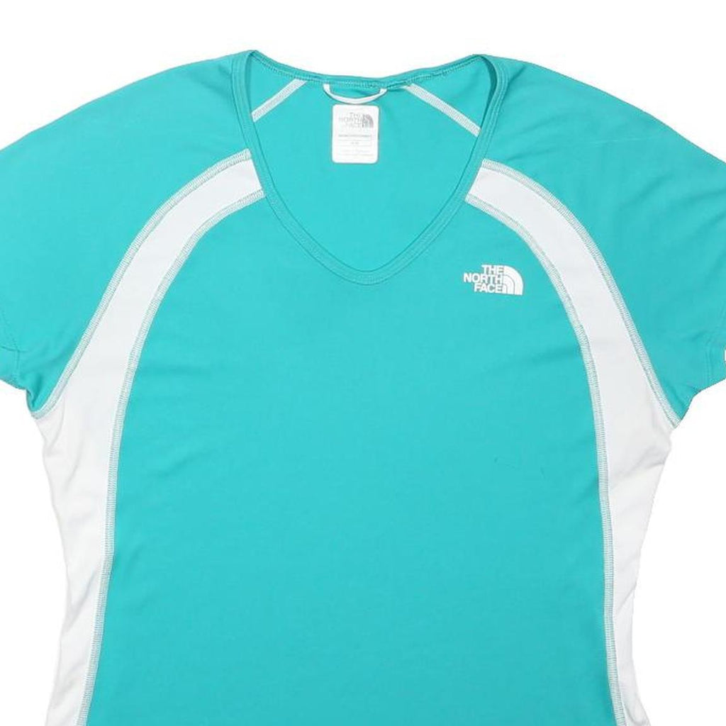 THE NORTH FACE Womens Blue & White Modern T-Shirt M Short Sleeve V-Neck Athletic