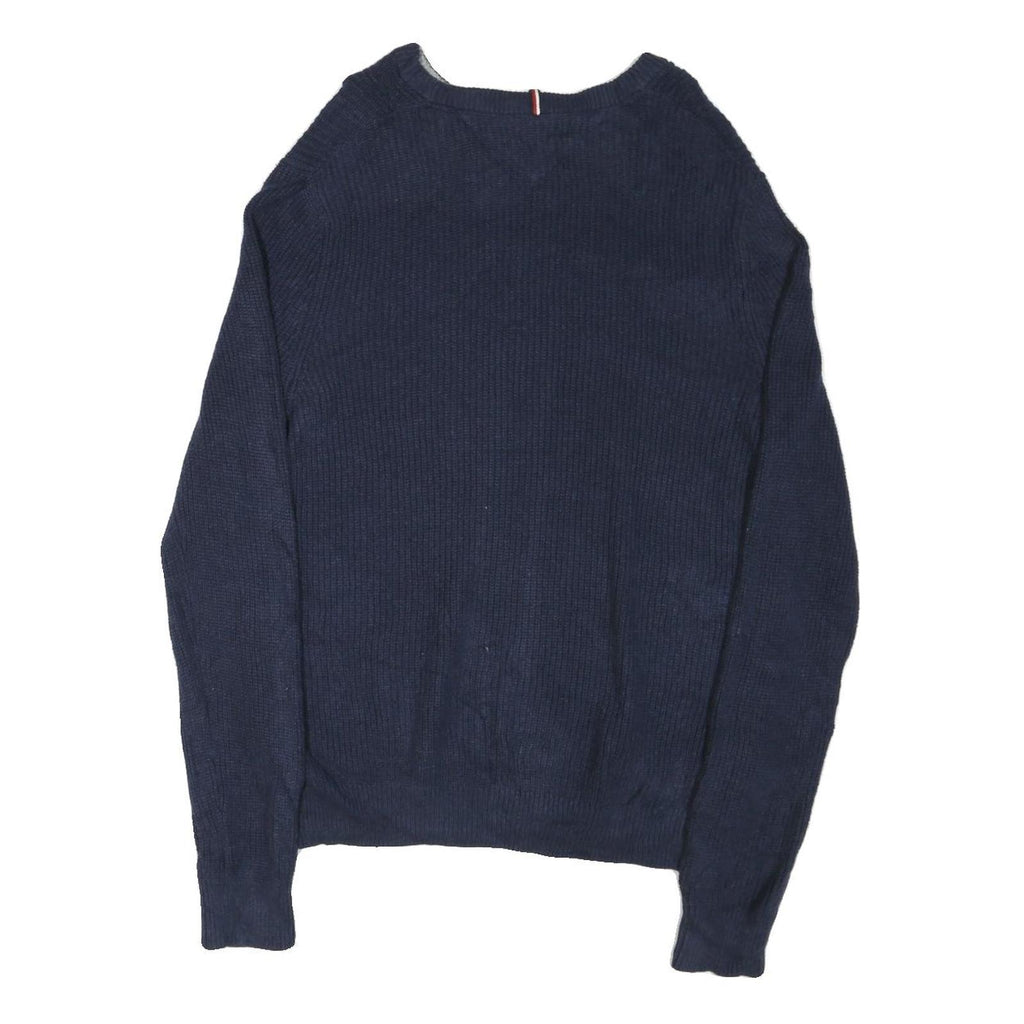 TOMMY HILFIGER Mens Blue Plain Cotton Blend Jumper Crew Neck Basic Knit L