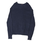 TOMMY HILFIGER Mens Blue Plain Cotton Blend Jumper Crew Neck Basic Knit L