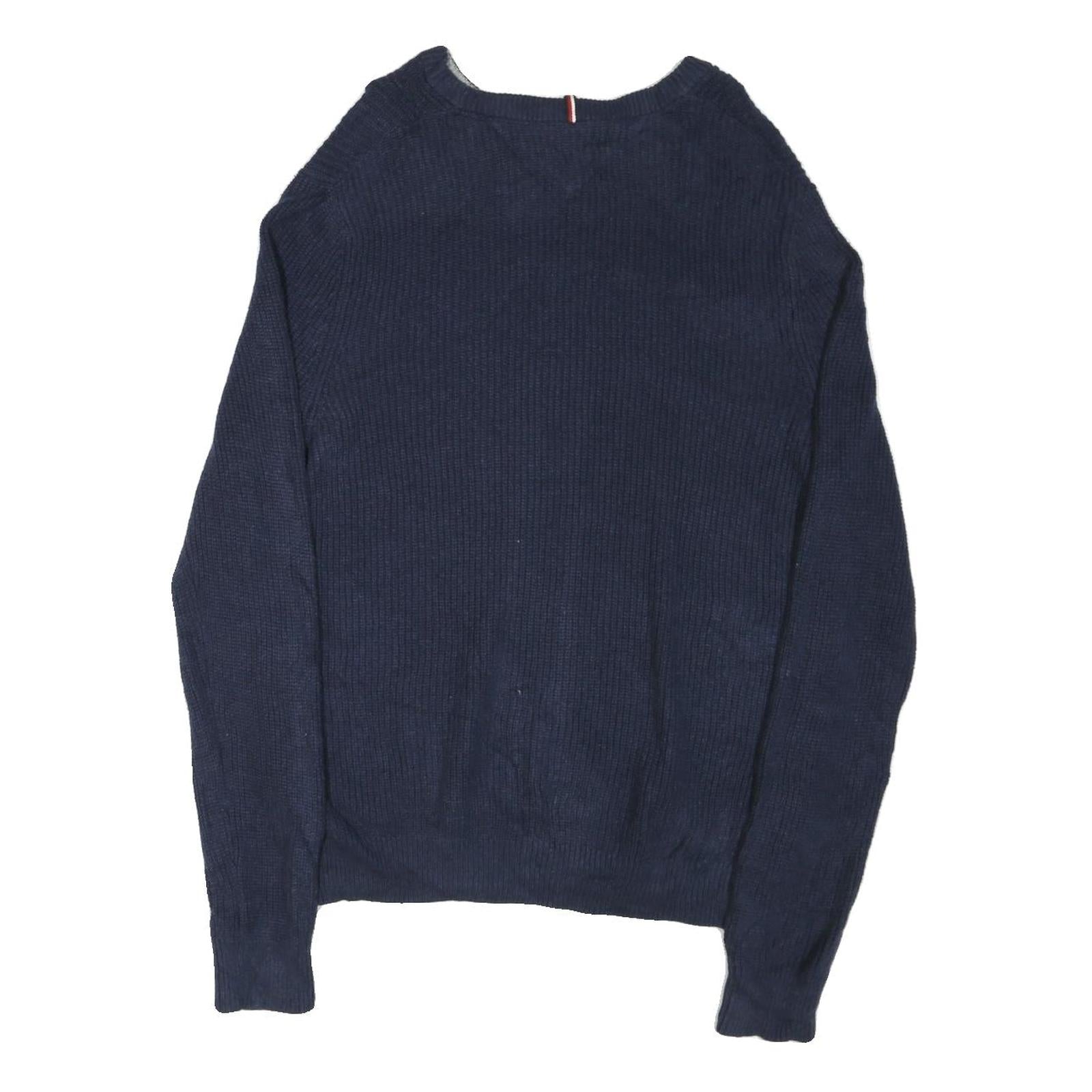 TOMMY HILFIGER Mens Blue Plain Cotton Blend Jumper Crew Neck Basic Knit L