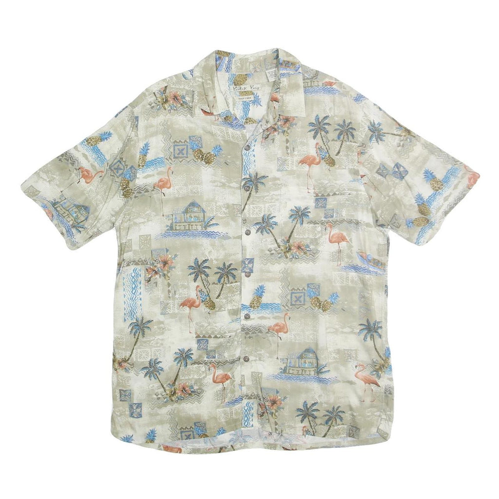 BATICK BAY Mens Beige Tropical Print Cotton Shirt L Summer Vacation Casual