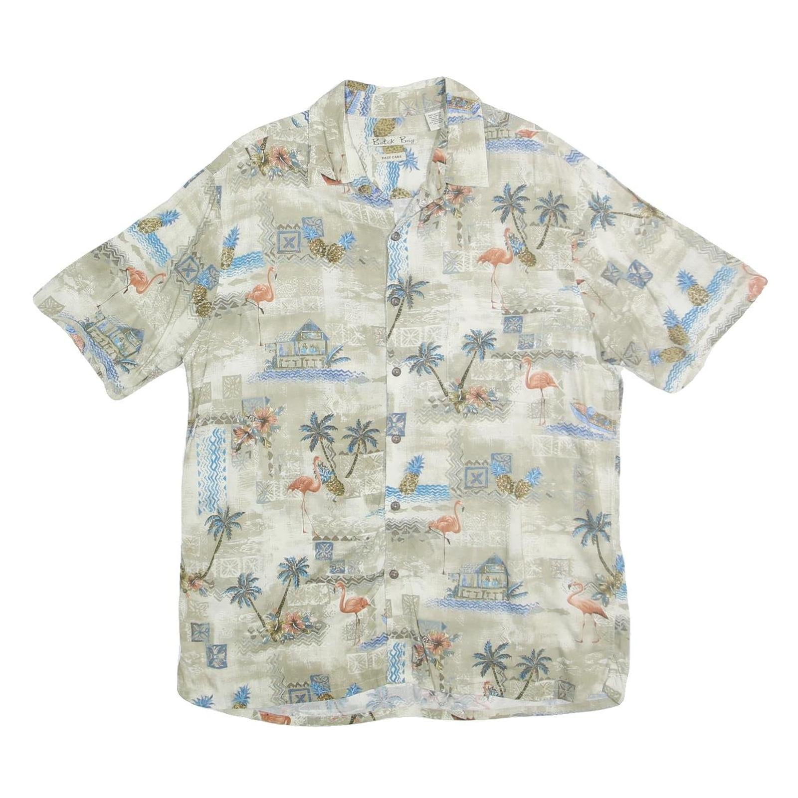 BATICK BAY Mens Beige Tropical Print Cotton Shirt L Summer Vacation Casual