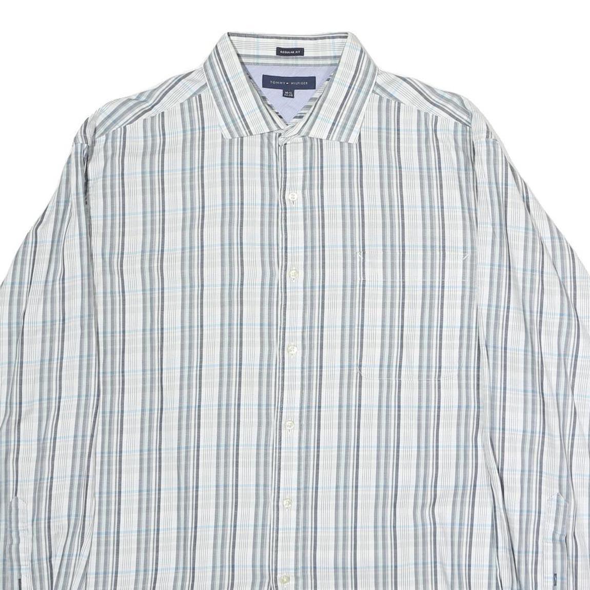 TOMMY HILFIGER Mens Blue & Grey Check Shirt L Regular Fit Smart Casual Cotton