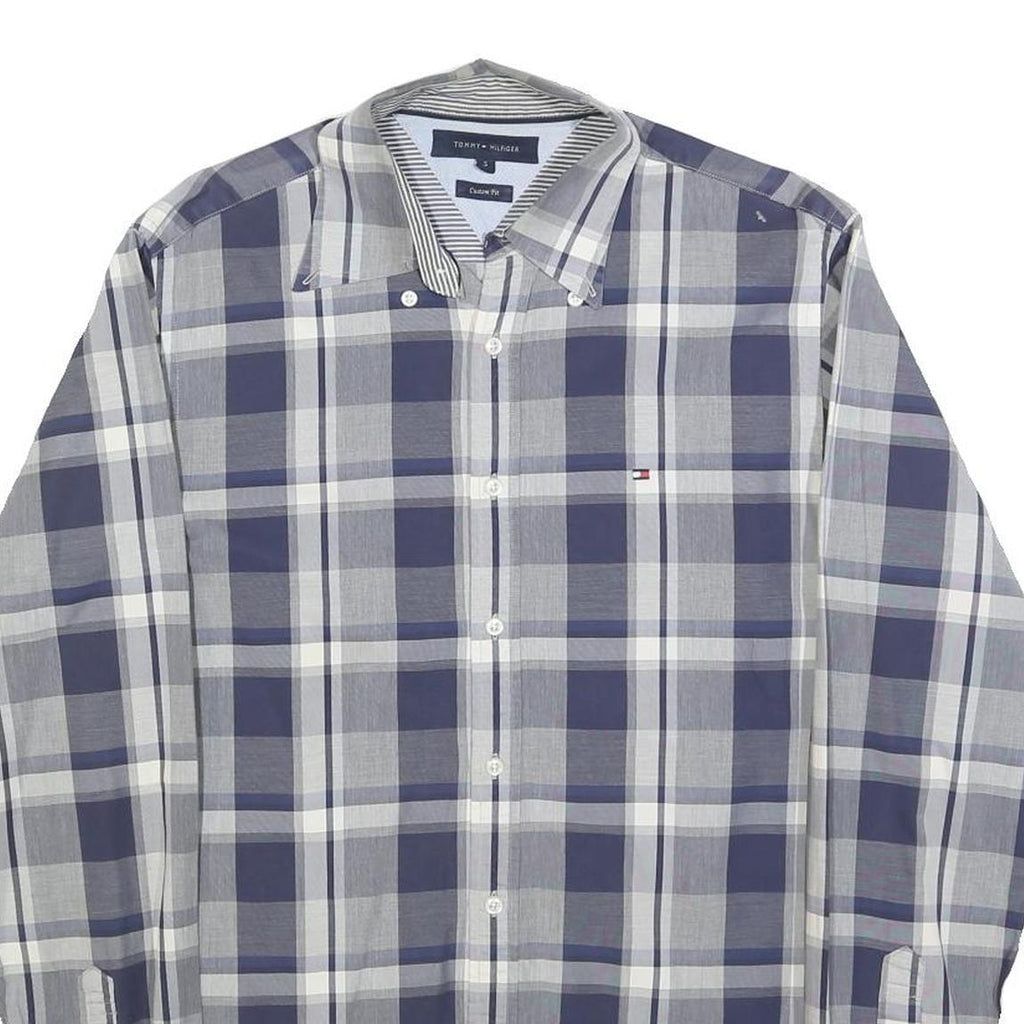 TOMMY HILFIGER Mens Blue Grey Check Shirt S Button Down Cotton Blend Long Sleeve