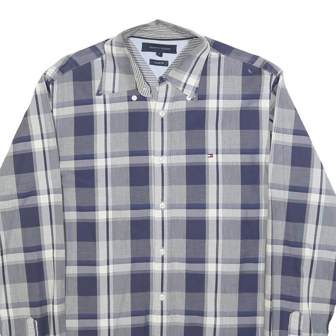 TOMMY HILFIGER Mens Blue Grey Check Shirt S Button Down Cotton Blend Long Sleeve