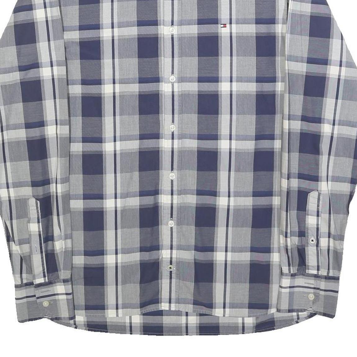 TOMMY HILFIGER Mens Blue Grey Check Shirt S Button Down Cotton Blend Long Sleeve