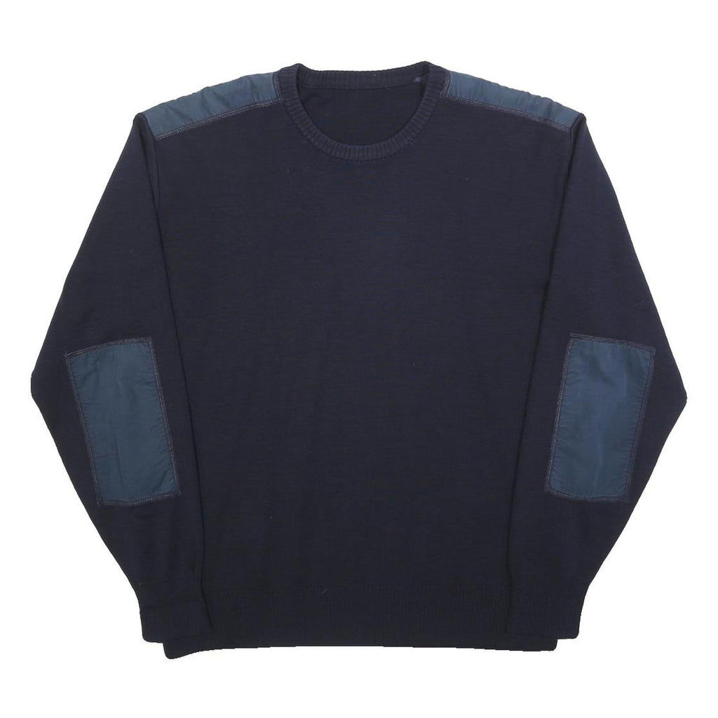 Mens Navy Blue Plain Crew Neck Jumper L Shoulder Elbow Patch Regular Fit