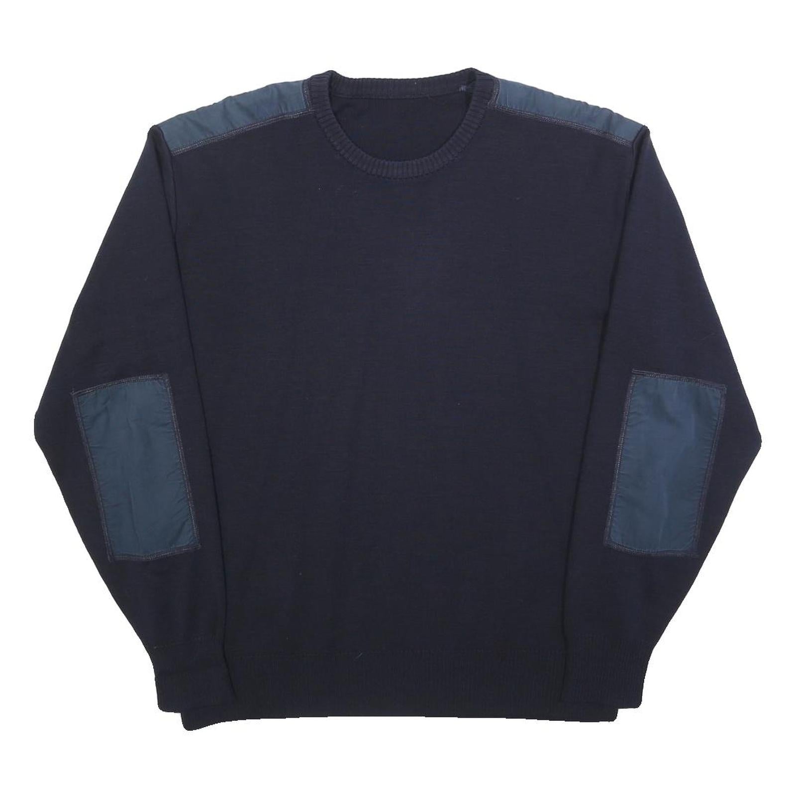 Mens Navy Blue Plain Crew Neck Jumper L Shoulder Elbow Patch Regular Fit