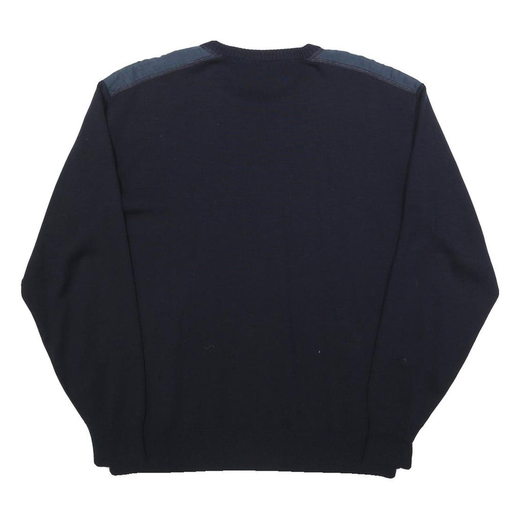 Mens Navy Blue Plain Crew Neck Jumper L Shoulder Elbow Patch Regular Fit