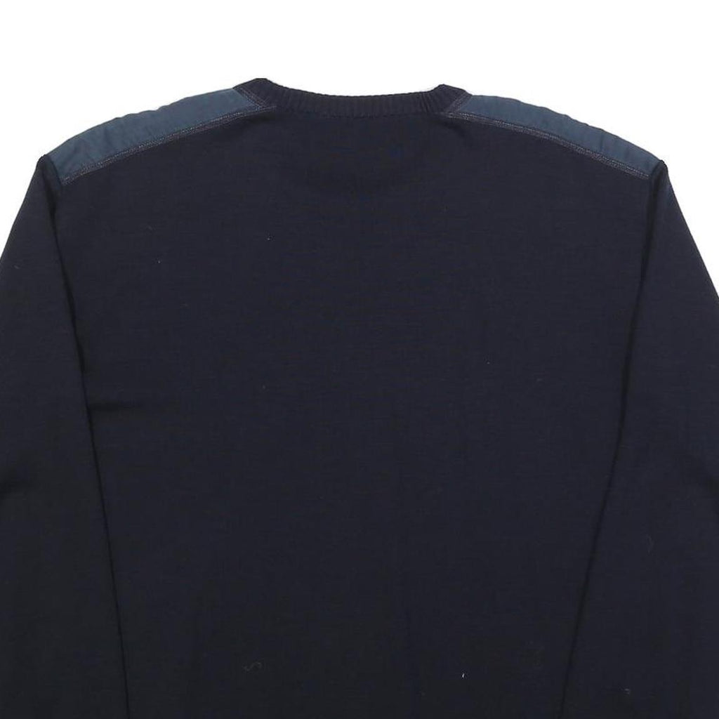 Mens Navy Blue Plain Crew Neck Jumper L Shoulder Elbow Patch Regular Fit