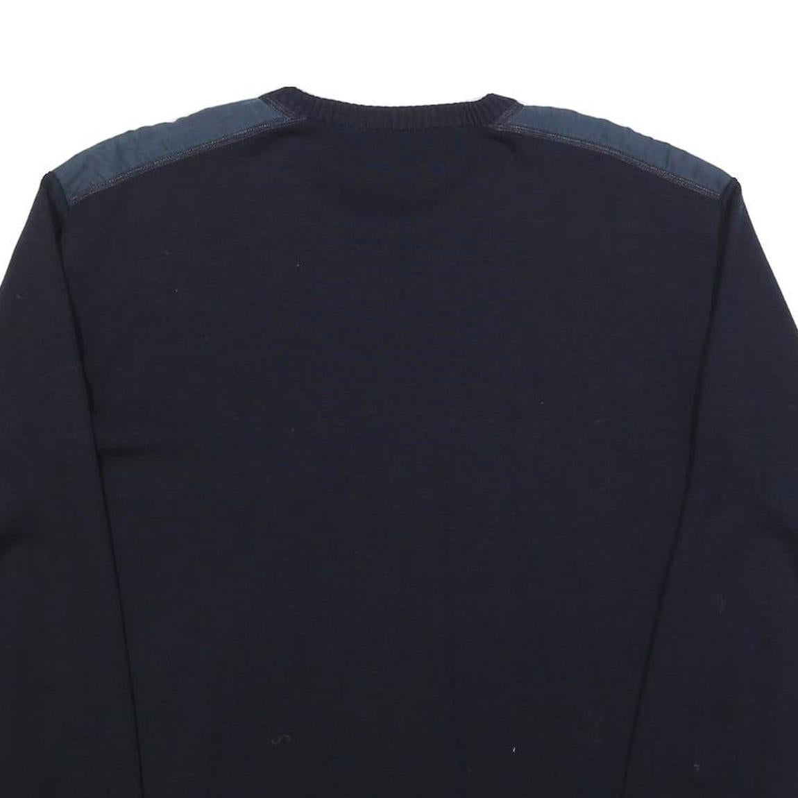 Mens Navy Blue Plain Crew Neck Jumper L Shoulder Elbow Patch Regular Fit