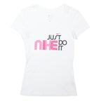 NIKE Womens White & Pink Graphic T-Shirt XS Short Sleeve Round Neck Cotton Blend