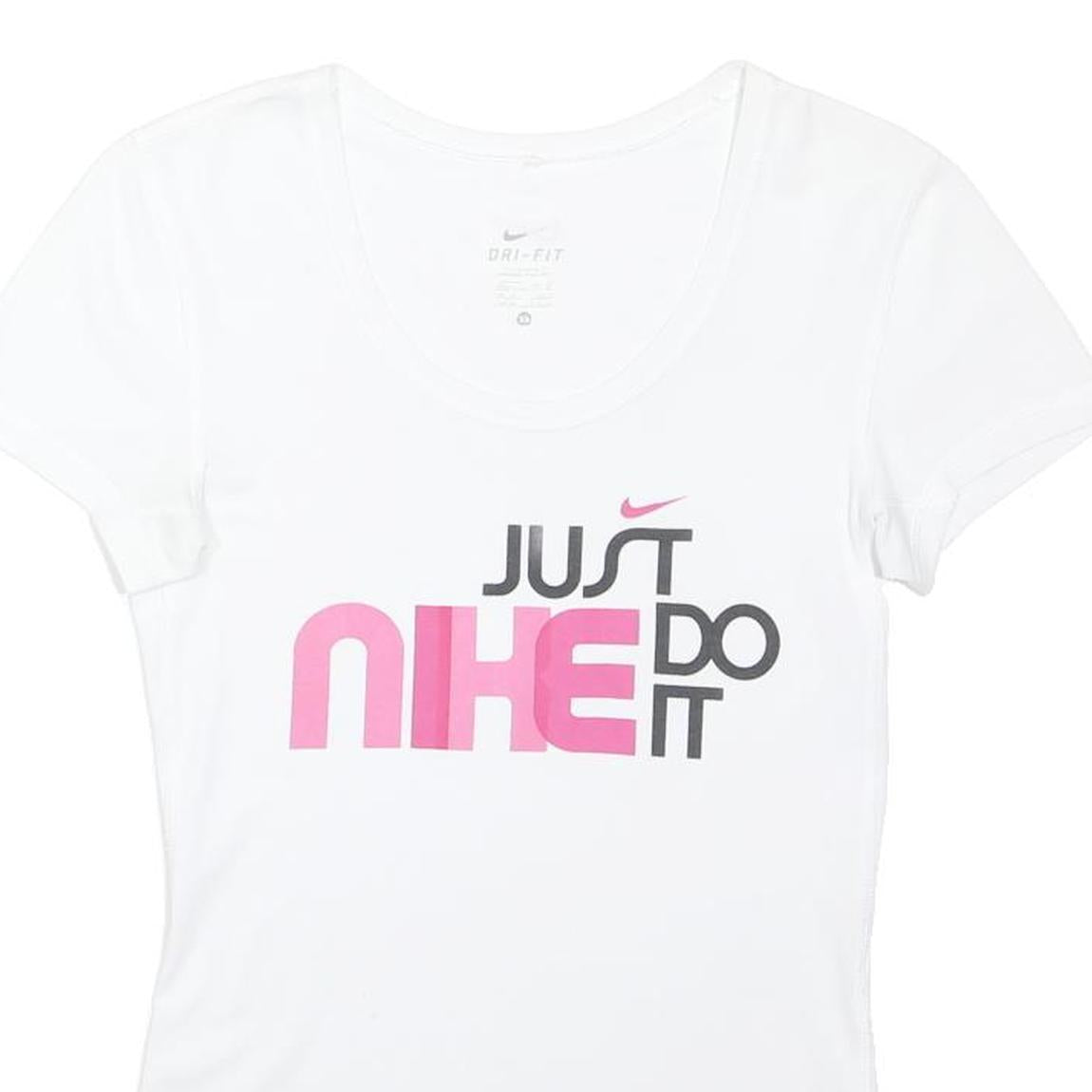 NIKE Womens White & Pink Graphic T-Shirt XS Short Sleeve Round Neck Cotton Blend